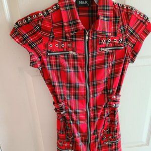 Tartan Plaid Zip  & Lace Up Mini Dress S